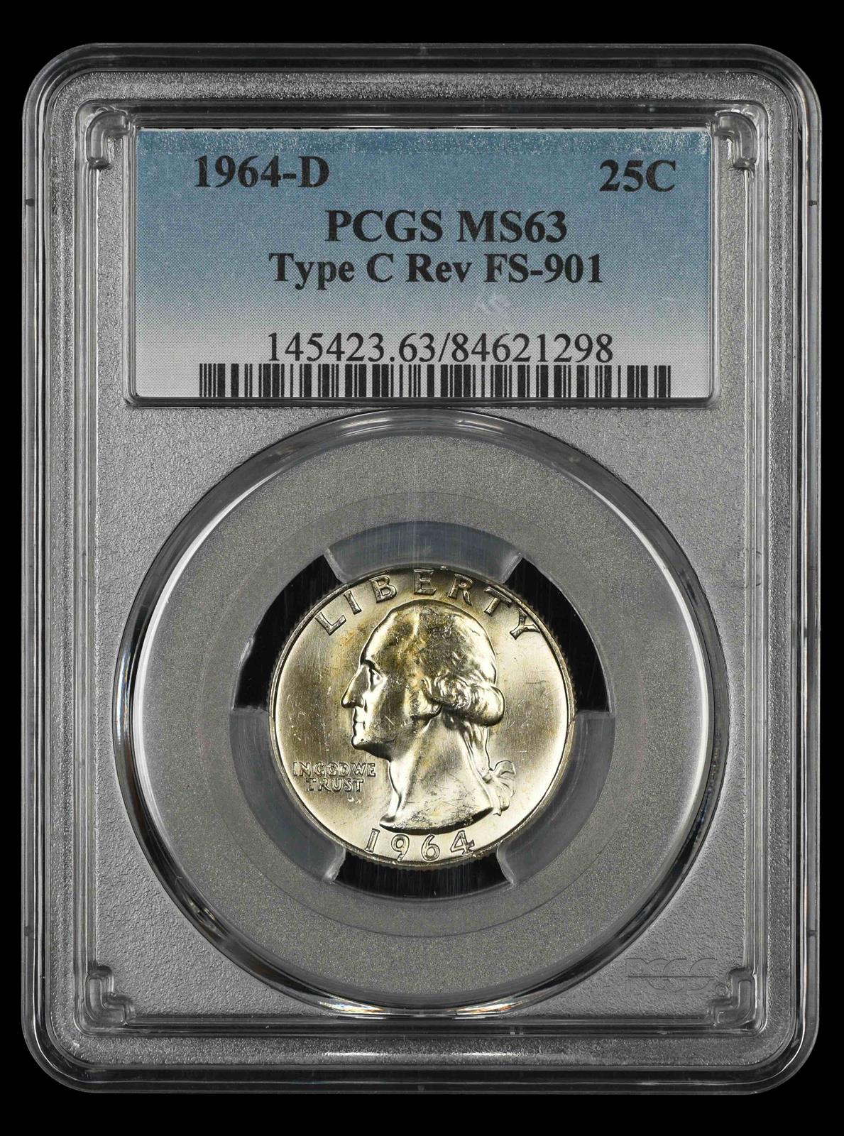 1964 D Washington Quarter PCGS MS63 Type C Reverse FS-901 MS63