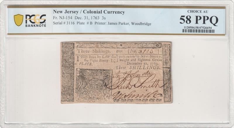 Fr. NJ-154 New Jersey December 31, 1763 3 Shillings PCGS AU58 PPQ 