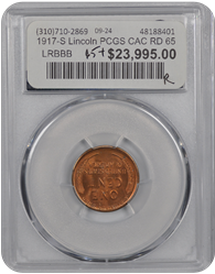 1917-S Lincoln PCGS CAC RD 65 