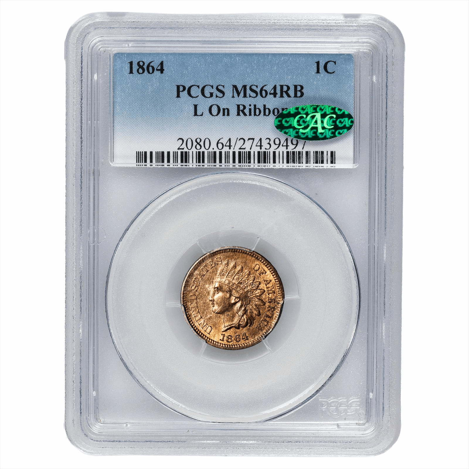 1864 Indian Head Cent 1C L on Ribbon PCGS MS 64 RB CAC