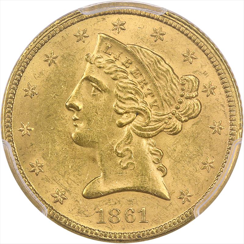 1861 Liberty Head, Half Eagle $5 PCGS MS 62 - Popular No Motto Type Coin