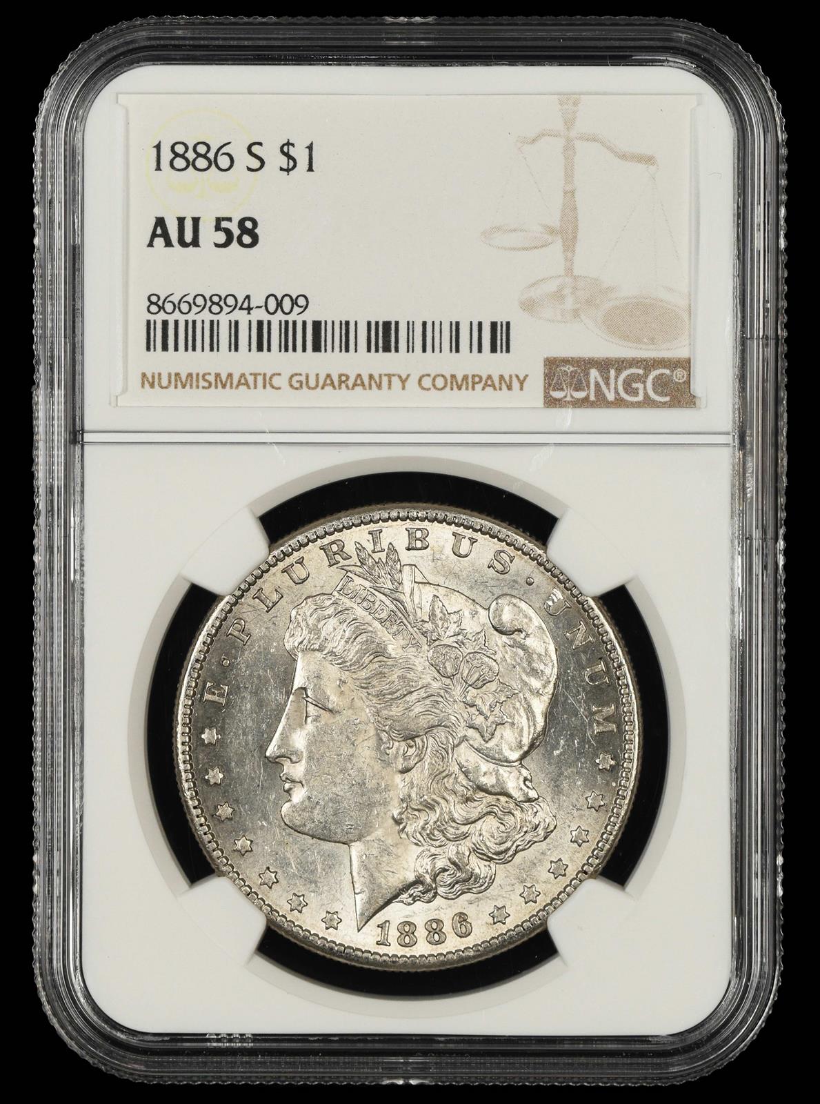 1886 S $1 NGC AU58