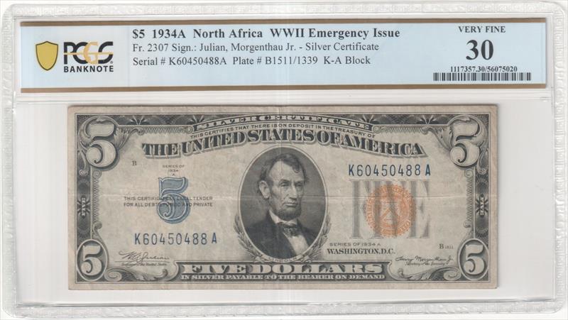 Fr. 2307 1934A $5 North Africa WWII Emergency Issue PCGS VF30 