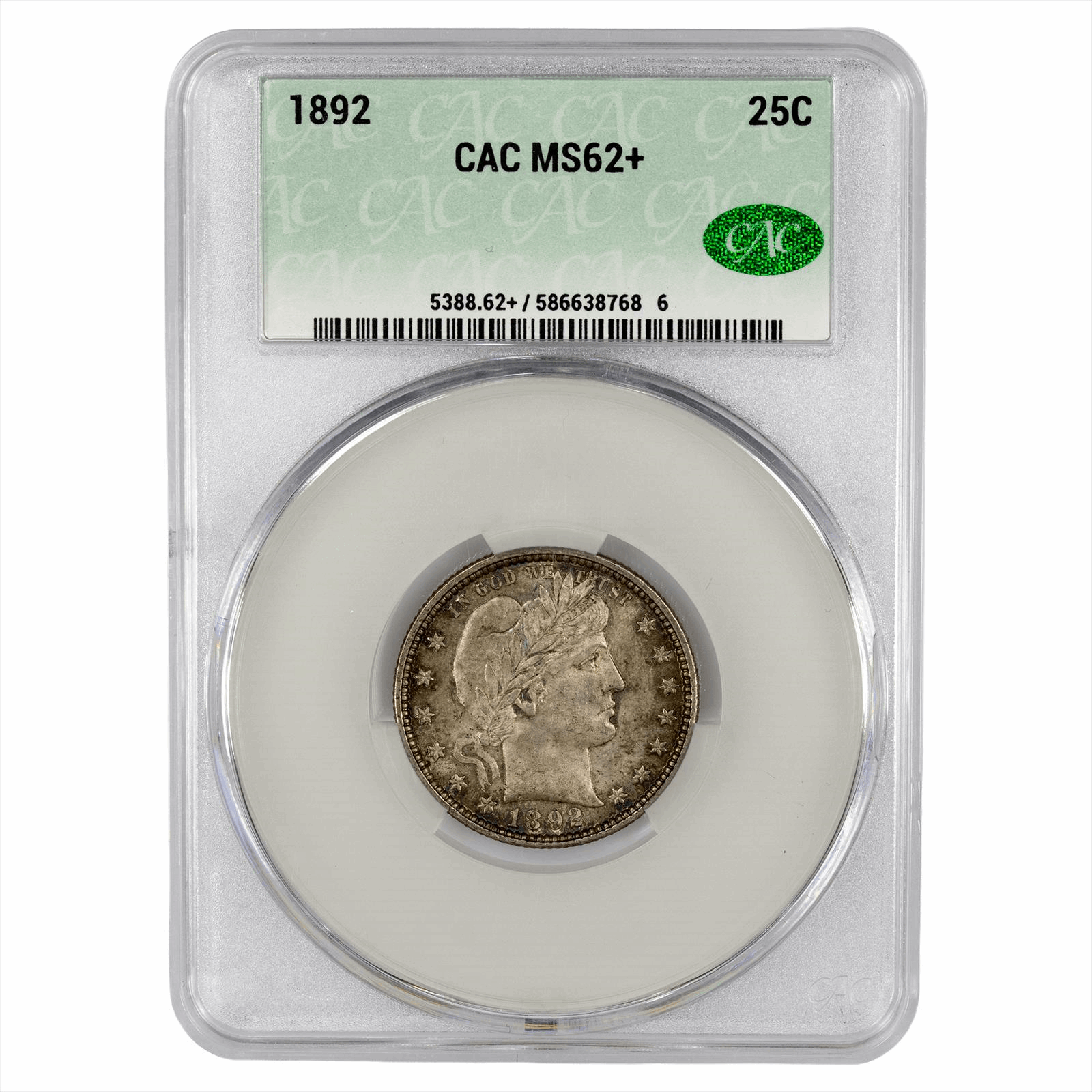 1892 Barber Quarter 25C CACG  MS 62+