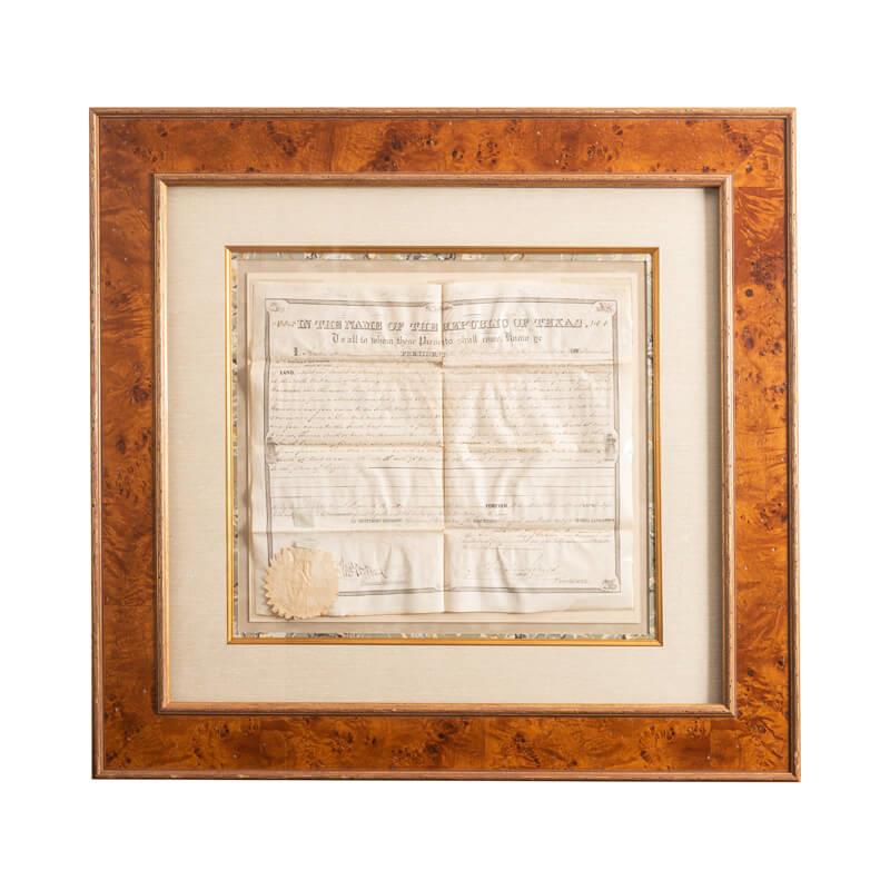 Republic of Texas Land Grant #252 Framed Signed by Hanson Jones, President of Texas