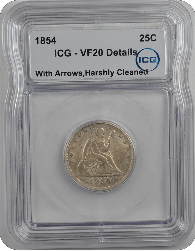 1854 Seated Liberty Arrows Quarter ICG VF-20
