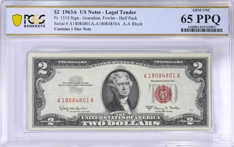 Fr. 1514 1963A $2 Half Pack Legal Tender Red Seal w/ 1 Star PCGS 65 PPQ 