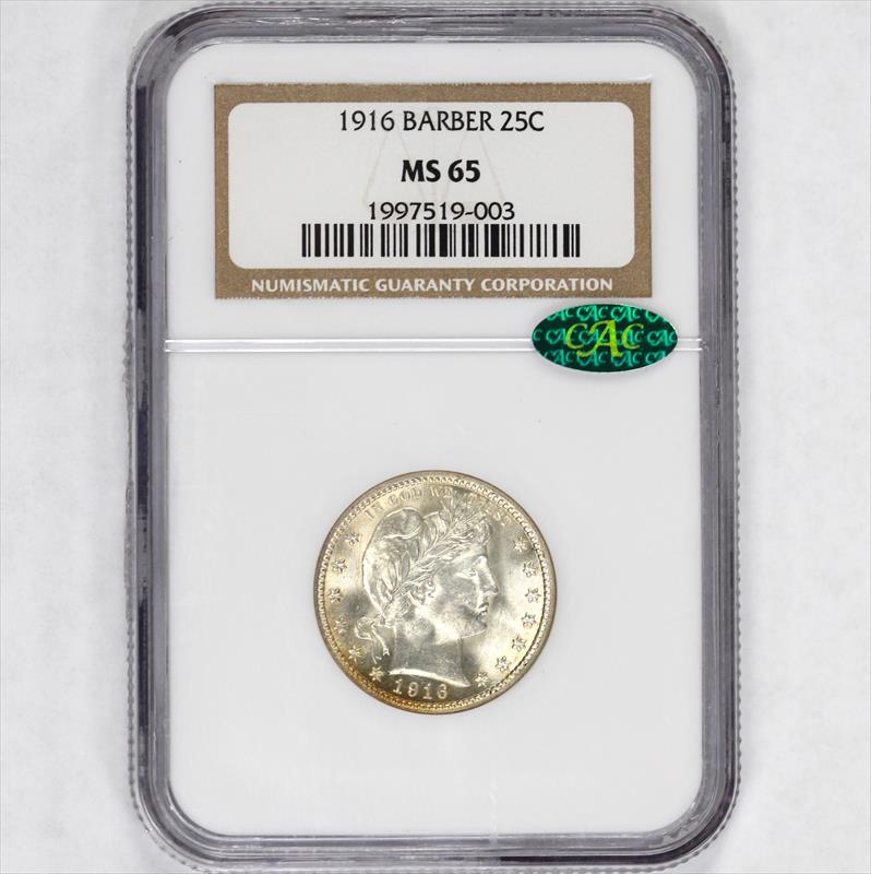 1916 25c Barber Silver Quarter NGC MS65 - CAC Approved