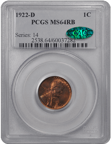 1922-D 1C Lincoln Cent - Type 1 Wheat Reverse PCGS RB (CAC) #3558-1 MS64
