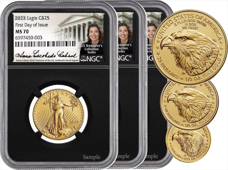 2023 3-Coin American Gold Eagles Set, FDI, MS70, NGC, Anna Cabral