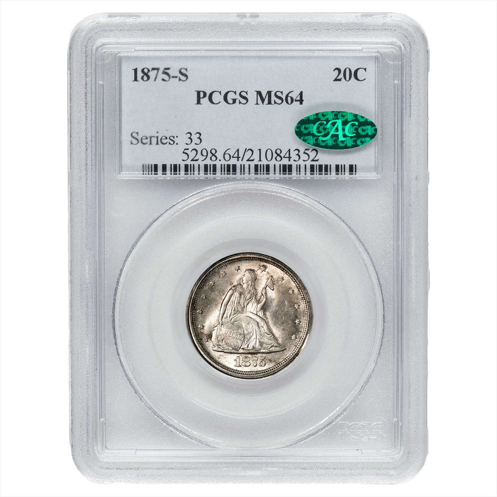 1875-S Seated Liberty Twenty Cent 20C PCGS MS 64 CAC