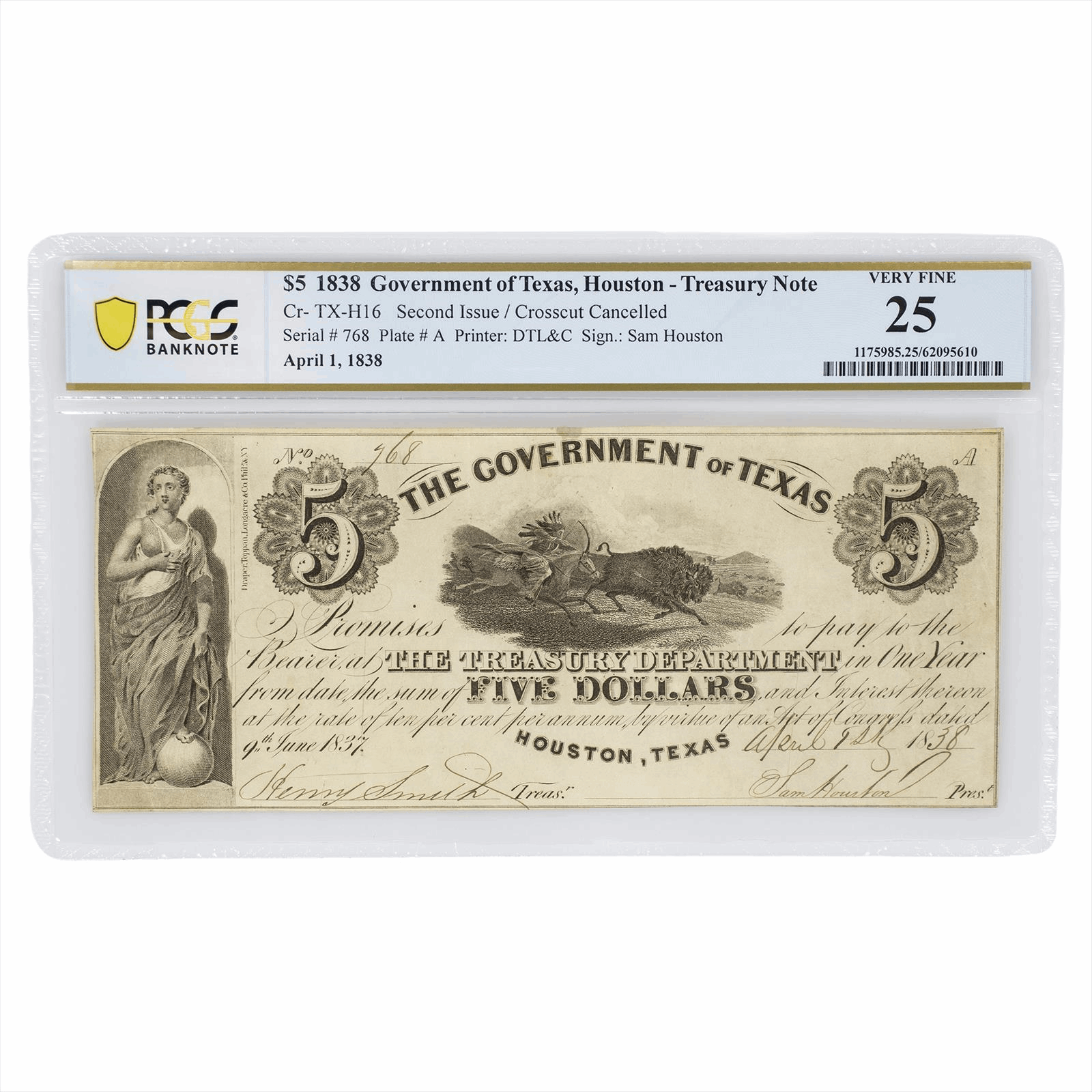 1838 Republic of Texas $5 Houston Treasury Note PCGS VF25 