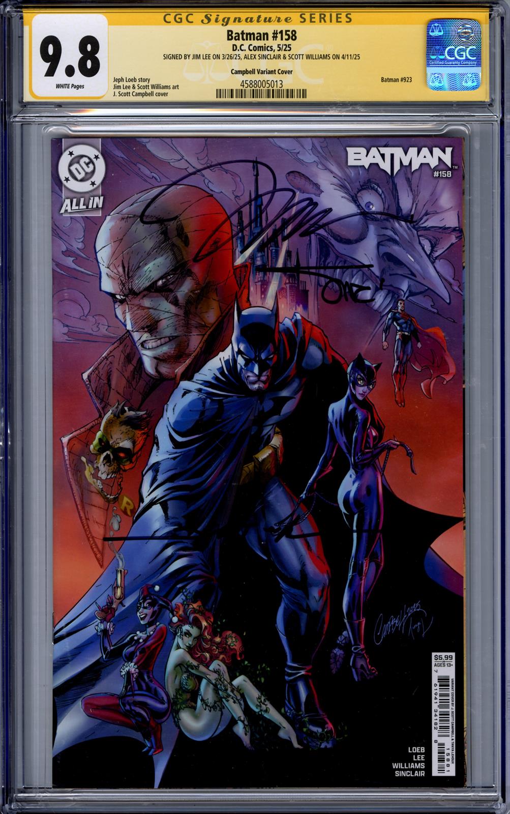Batman #158 CGC Signature Series 9.8 (D.C., 2025) Signed by Jim Lee, Alex Sinclair, & Scott Williams 