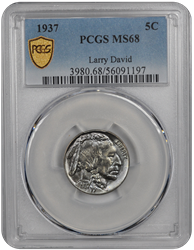 1937 5C Buffalo Nickel PCGS  #3607-3 MS68