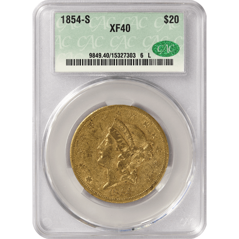 1854-S Liberty Head $20 Double Eagle, CACG XF-40 CAC - First San Francisco Issue