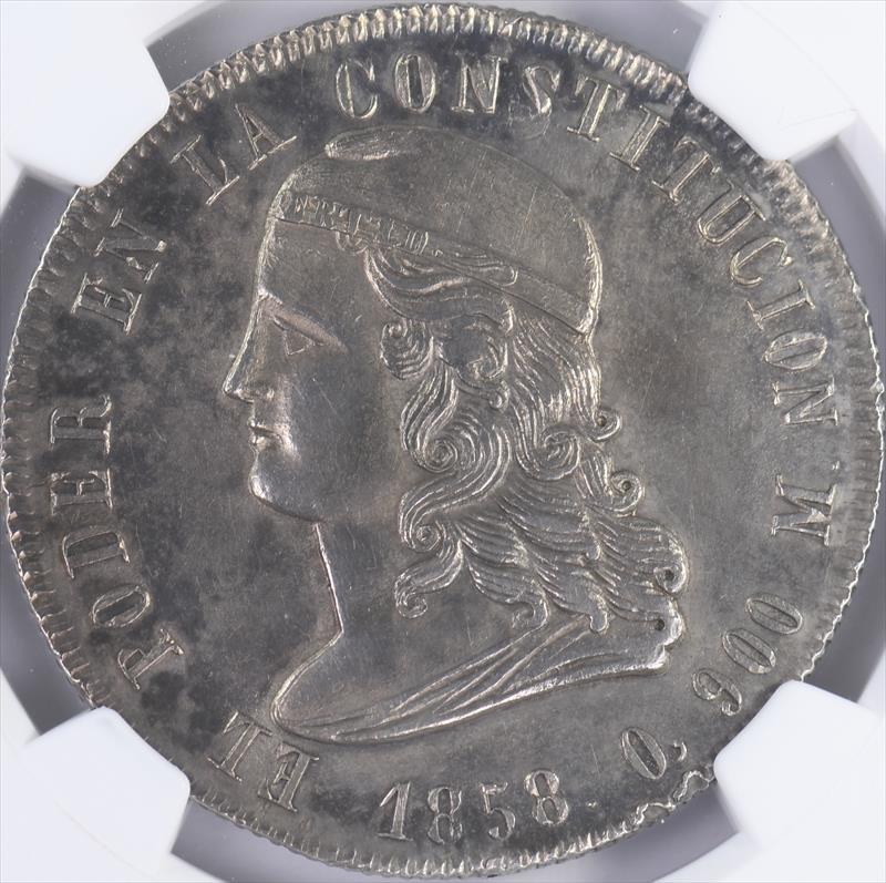 1858 GJ Ecuador 5 Francos NGC AU Det Cleaned 