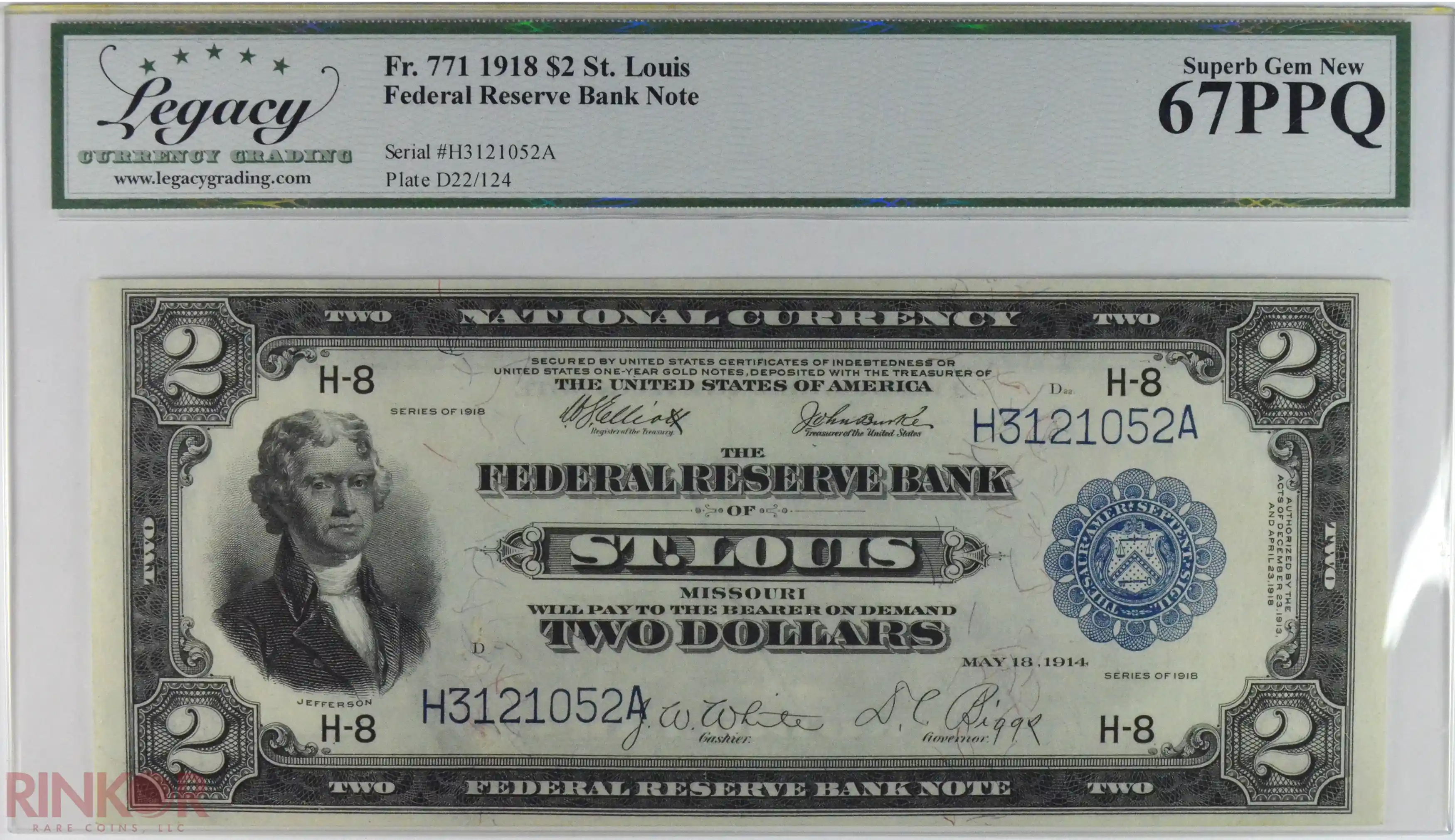 1918 $2 Fr. 771 St. Louis Federal Reserve Bank Note LCG CU 67 PPQ