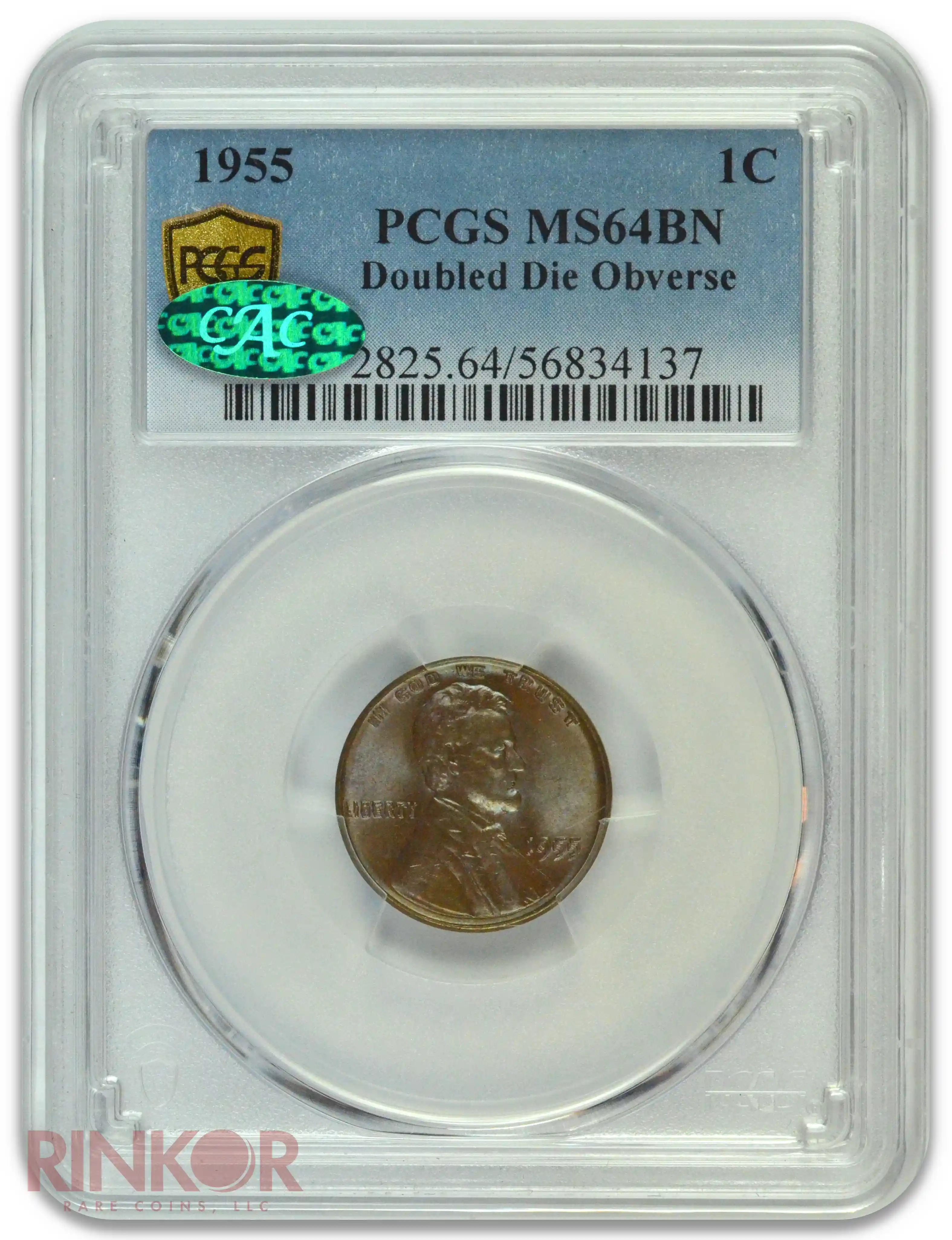 1955 1C Doubled Die Obverse Lincoln Wheat Cent PCGS MS 64 BN CAC