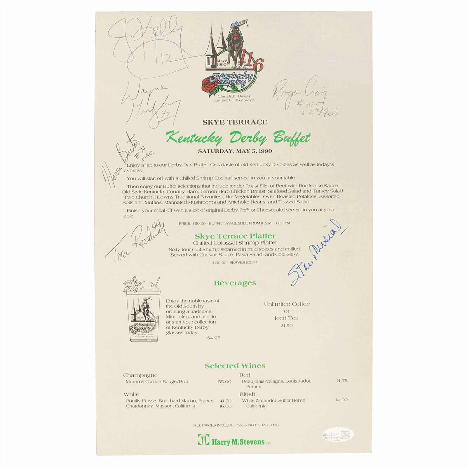 1990 Kentucky Derby Menu Signed by Wayne Gretzky, Jim Kelly, Stan Musial, Roger Craig, Tom Rathman, and Harris Barton JSA Certified 