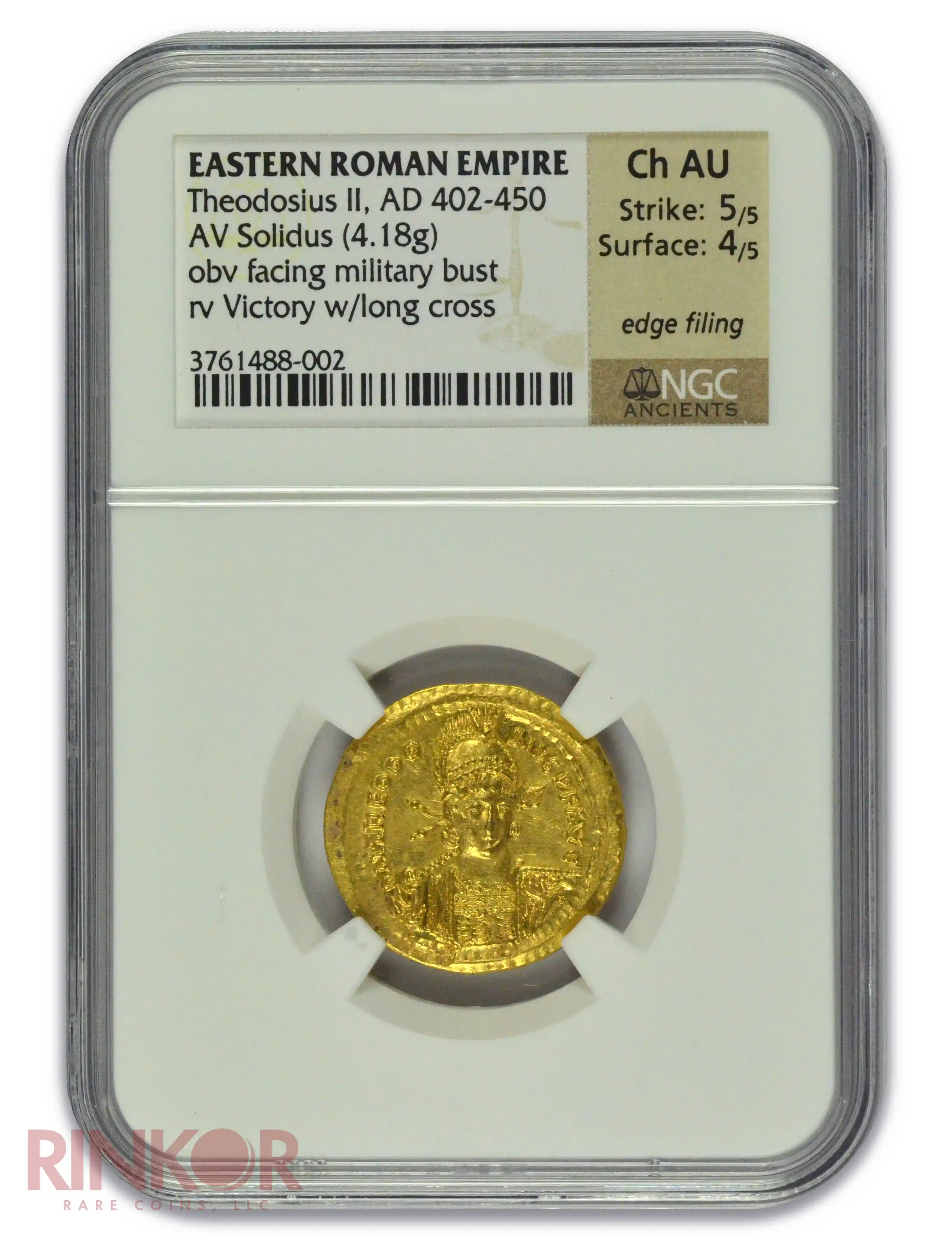 AD 402-450 Eastern Roman Empire Theodosius II Solidus (4.18g) NGC Ch AU 5/5 4/5