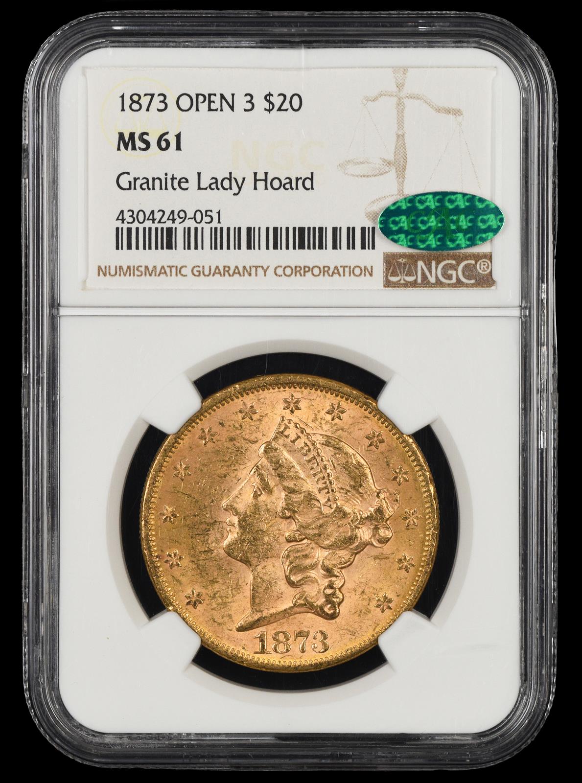 1873 Open 3 $20 Gold Granite Lady Hoard NGC MS 61 CAC