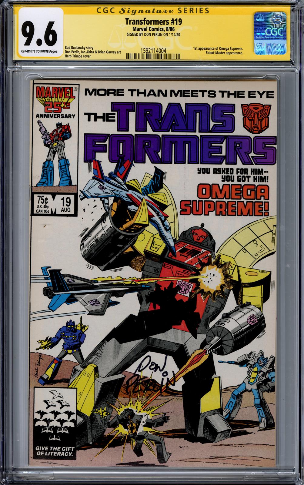 Transformers #19 CGC Signature Series 9.6 (Marvel, 1986) Signed by Don Perlin 