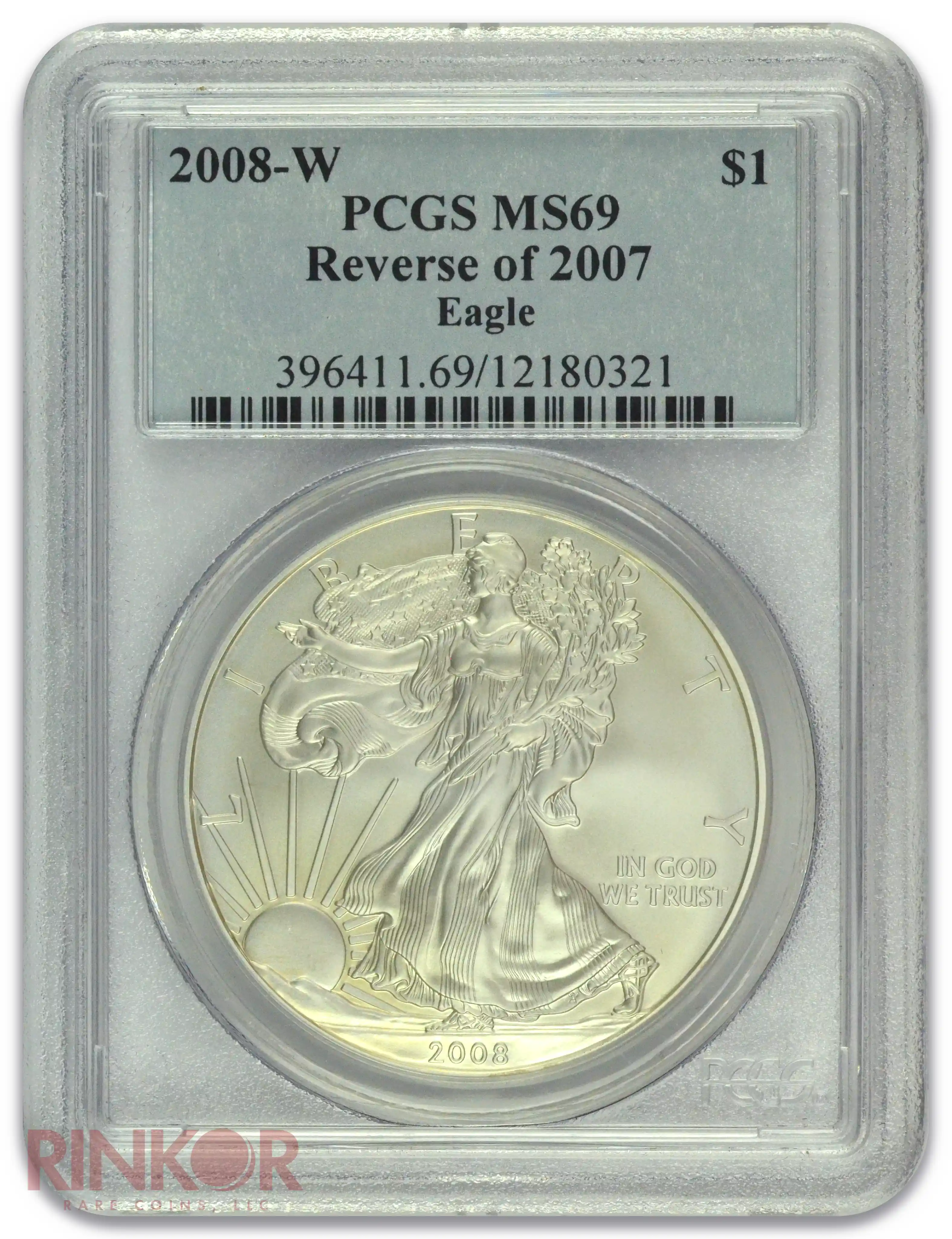 2008-W $1 Burnished Silver Eagle Reverse of 2007 PCGS MS 69