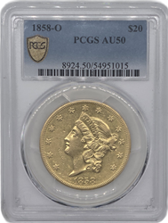 1858-O Liberty Head $20 PCGS AU50