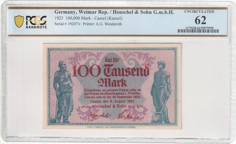 Germany, Weimar Rep./ Henschel & Sohn G.m.b.H 1923 100,000 Mark - Cassel PCGS  Unc 62