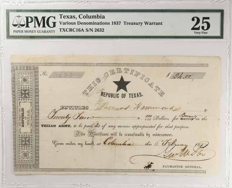 Texas, Columbia 1837 Treasury Warrant TXCRC16a S/N 2632 PMG 25VF