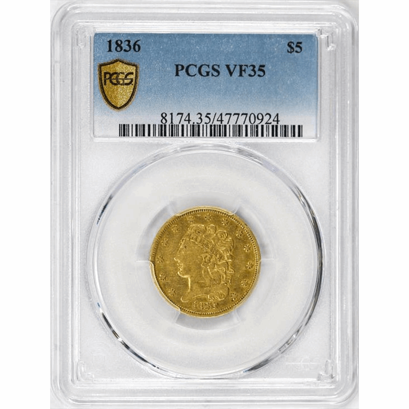 1836 $5 Gold Classic Head Half Eagle - PCGS VF35 - TrueView - Original Coin