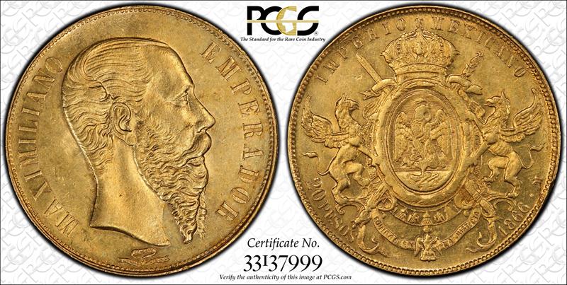 1866 Mo Mexico 20 Peso Maximilian KM-389 PCGS AU 55