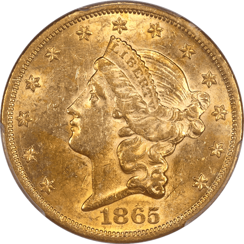 1865 Liberty $20 Gold Double Eagle, PCGS AU58 CAC - Nice Original Coin