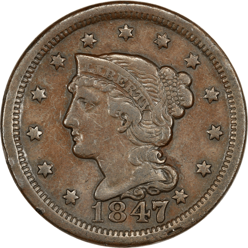 1847 Braided Hair Large Cent 1c Circulated, Extremely Fine - over Small 47