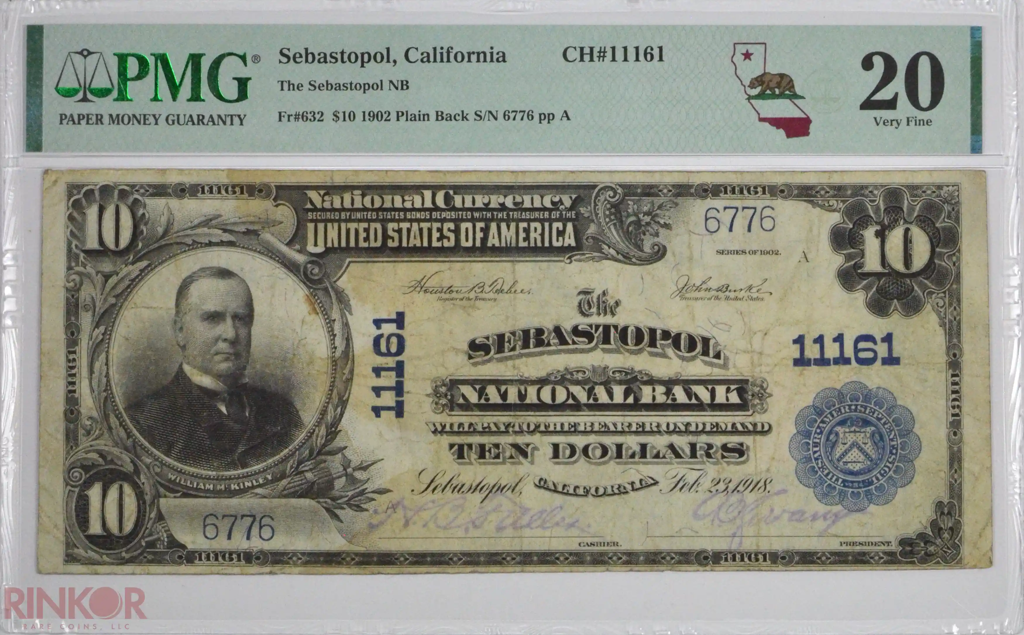 1902 Plain Back $10 Fr. 632 Charter #11161 National Bank Note PMG VF-20
