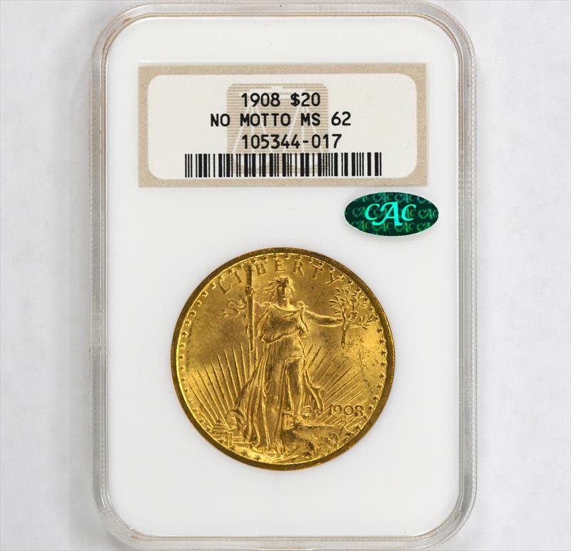 1908 $20 NO MOTTO St. Gaudens Gold Double Eagle NGC  MS62 - CAC Approved!