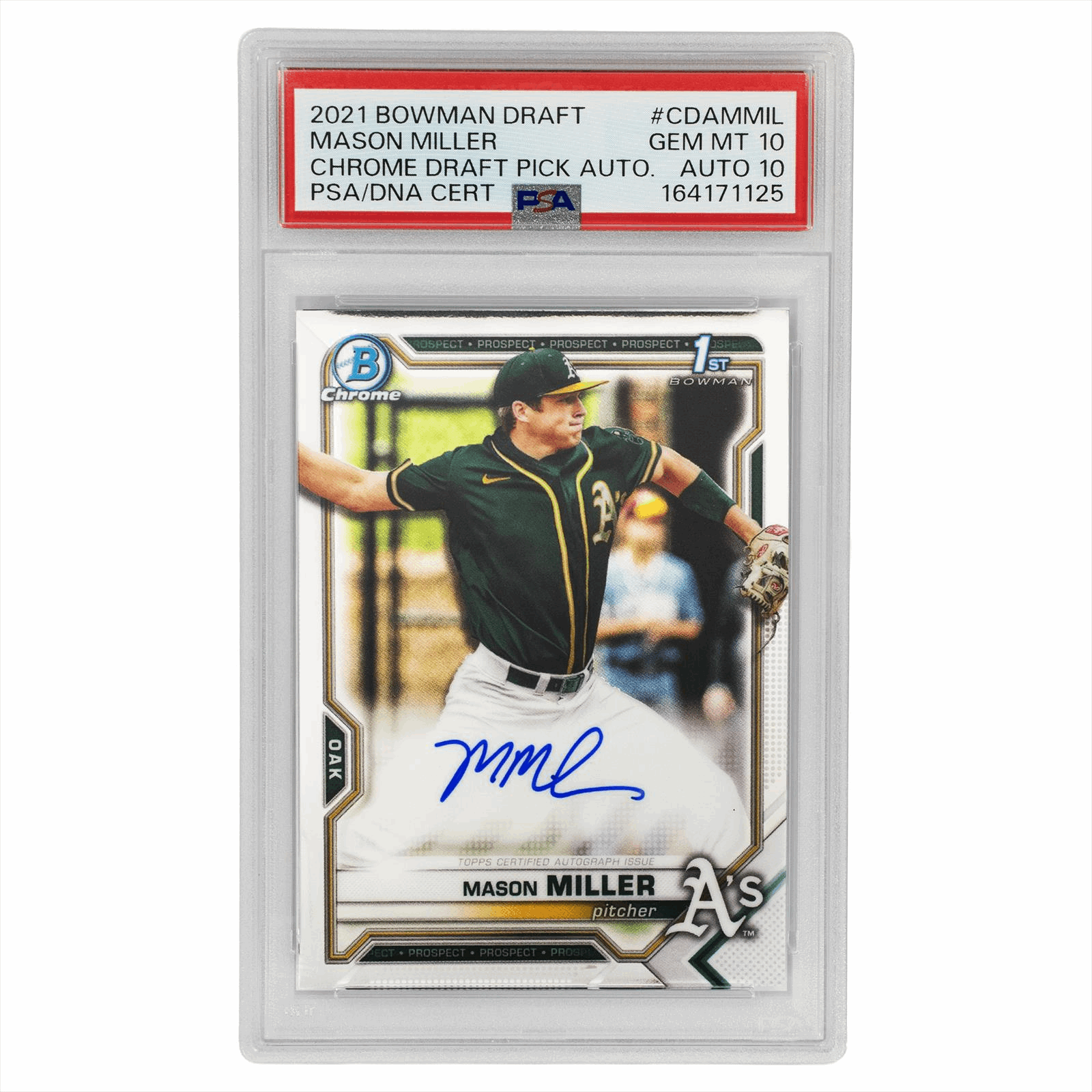 2021 Bowman Draft Mason Miller Chrome Draft Pick Auto #CDAMMIL PSA/DNA GEM MT 10 AUTO 10