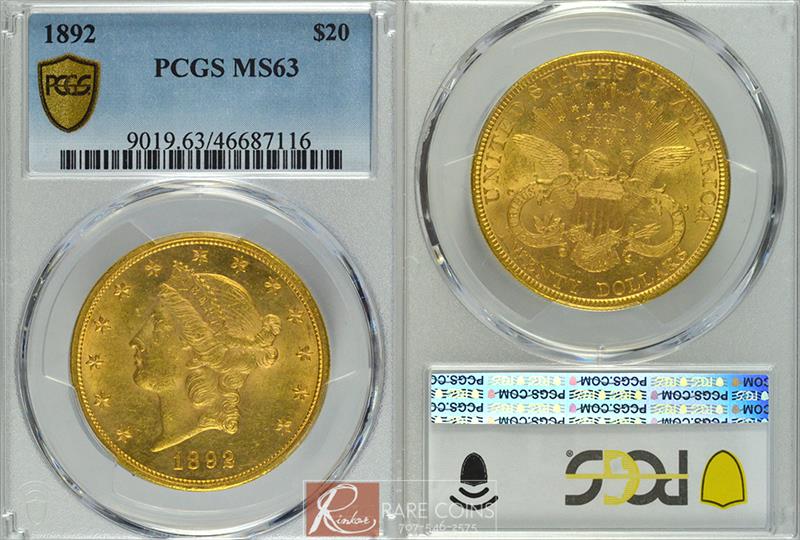 1892 Liberty Head $20 PCGS MS 63