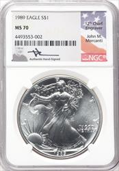 1989 $1 American Silver Eagle NGC MS70 (Mercanti Signature) 