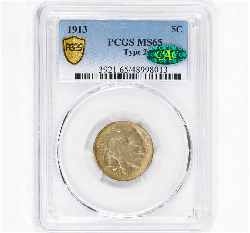 1913 5c Type 2 Buffalo Nickel PCGS MS65 CAC Approved - MONSTER Color!