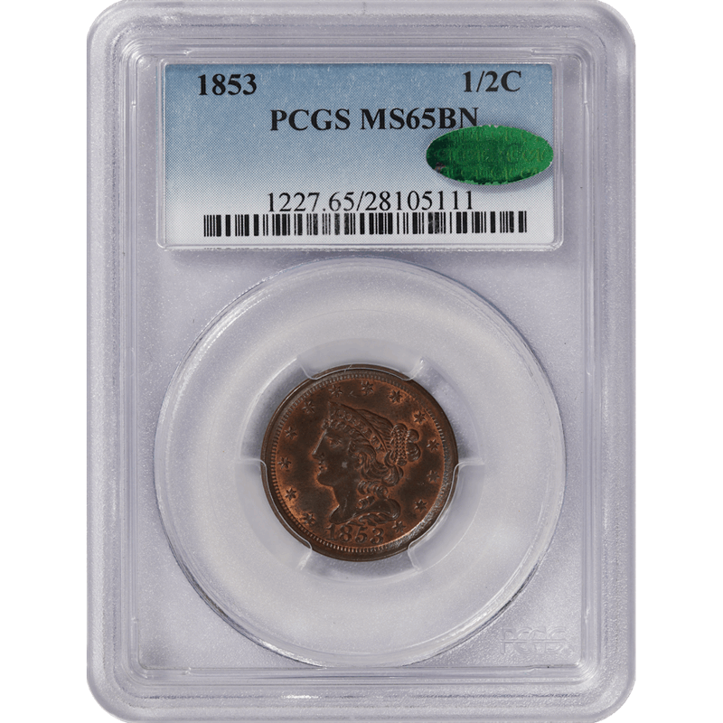 1853 Braided Hair Half Cent 1/2c, PCGS MS-65BN CAC - Nice Type Coin