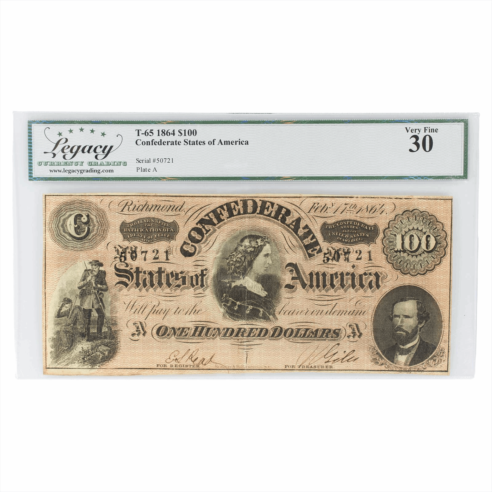 1864 T65 Confederate States of America Note $100 Legacy VF 30