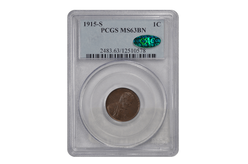 1915-S 1C Lincoln Cent - Type 1 Wheat Reverse PCGS BN (CAC) #3492-1 MS63