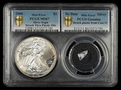 2006 $1 Eagle Mint Error Struck Through Plastic Obv Two Piece Set PCGS MS67