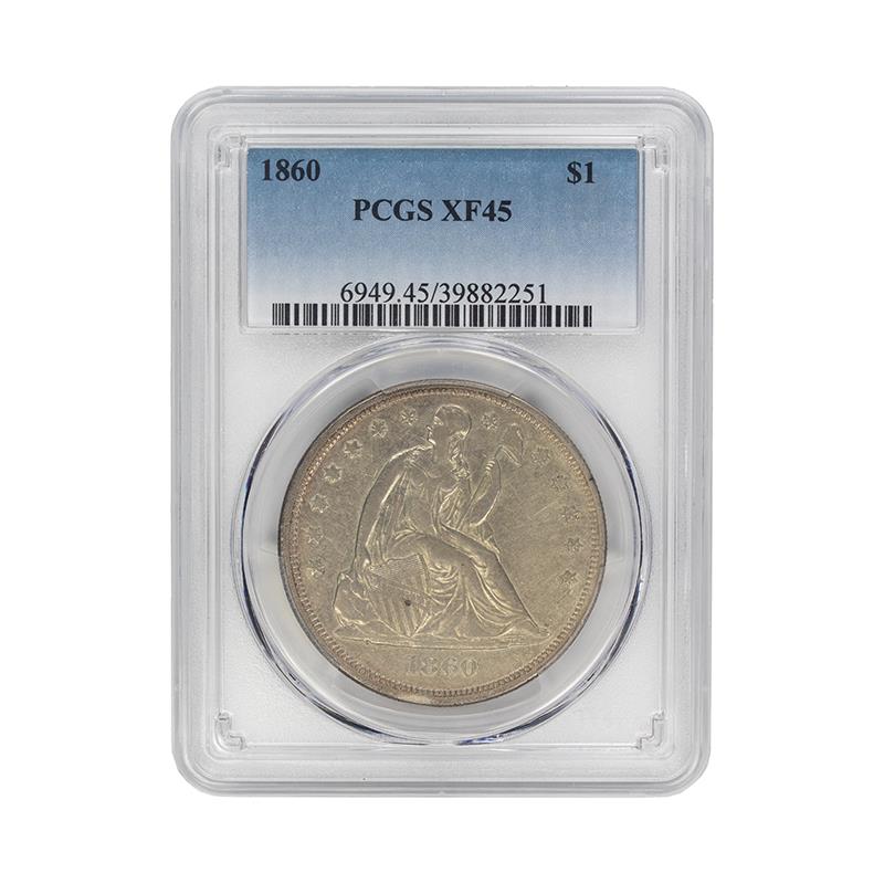 1860 Seated Liberty Silver Dollar No Motto $1, PCGS XF45 - Better Date  