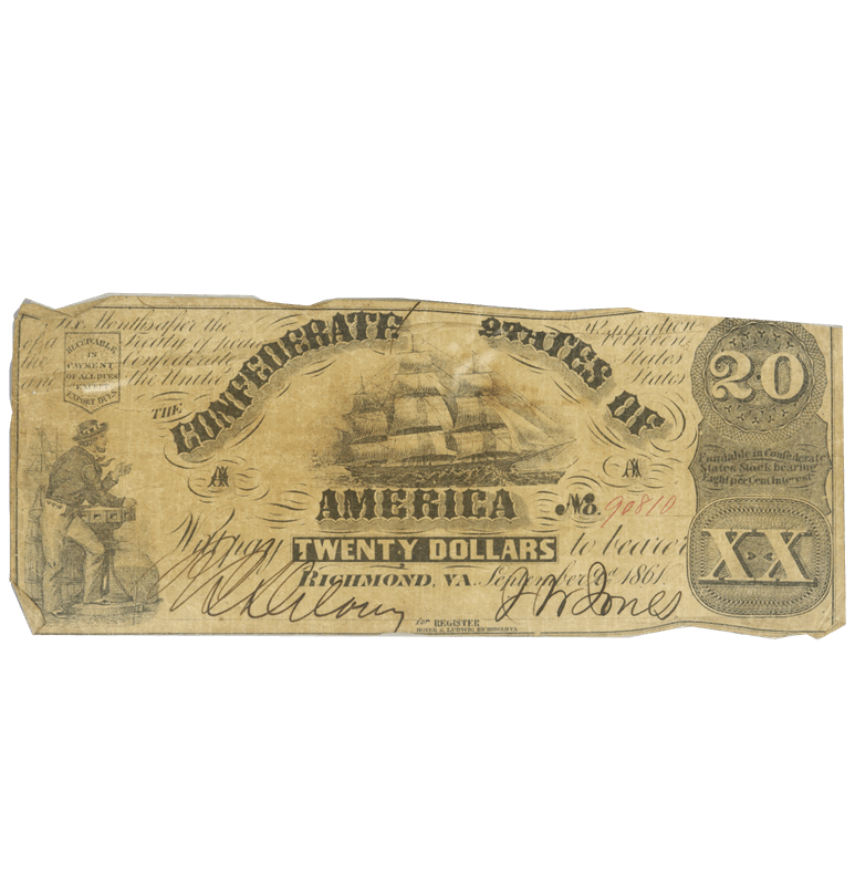 1861 $20 Confederate States of America, Civil War Note, Richmond, VA, T-18, S/N 90810 Circulated Very Fine