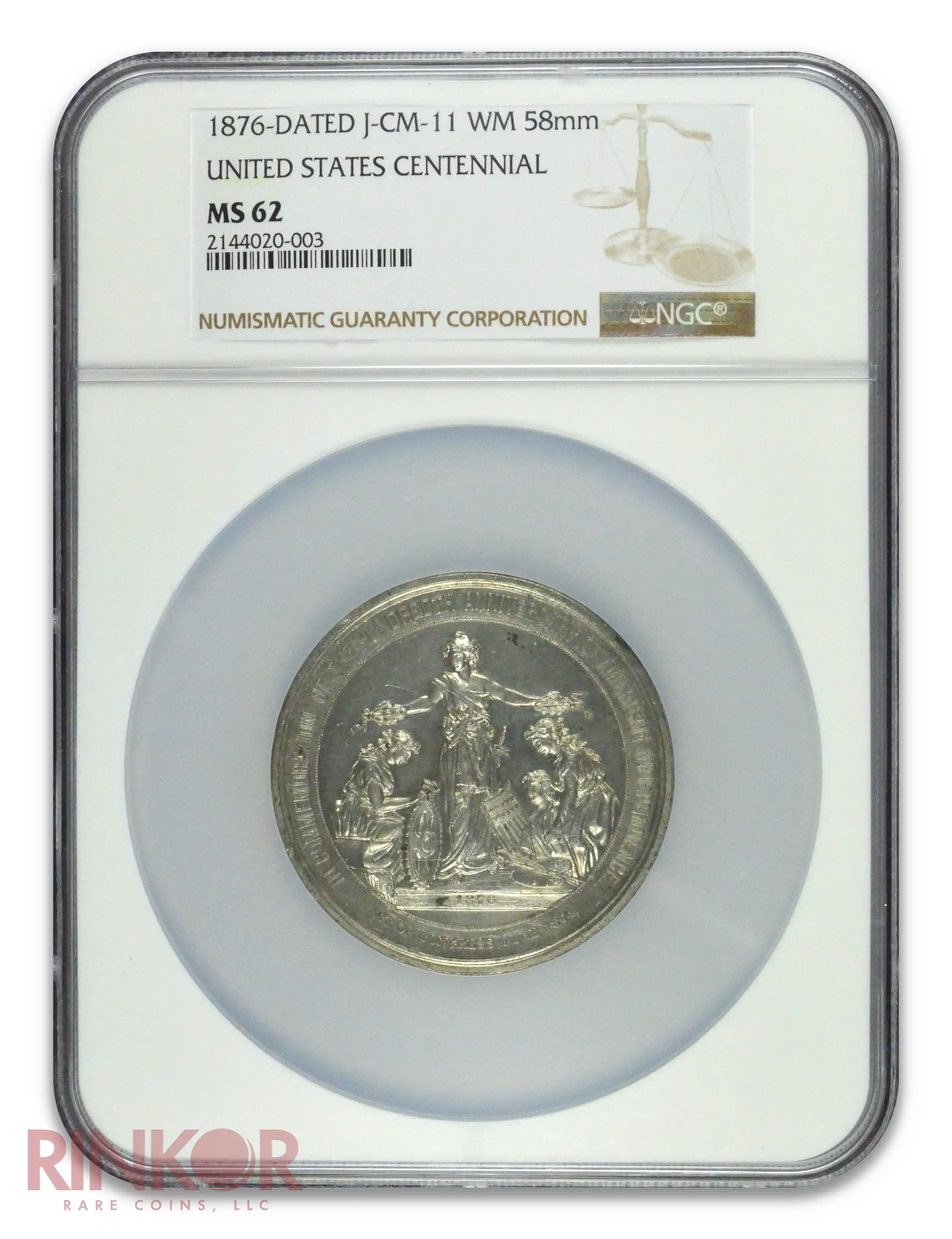 1876-Dated United States Centennial Medal J-CM-11 White Metal NGC MS 62 