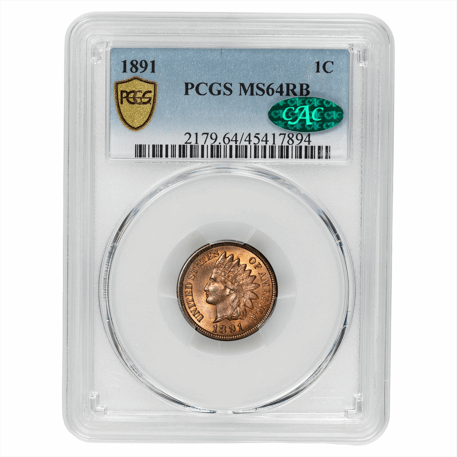 1891 Indian Head Cent 1C PCGS MS 64 RB CAC