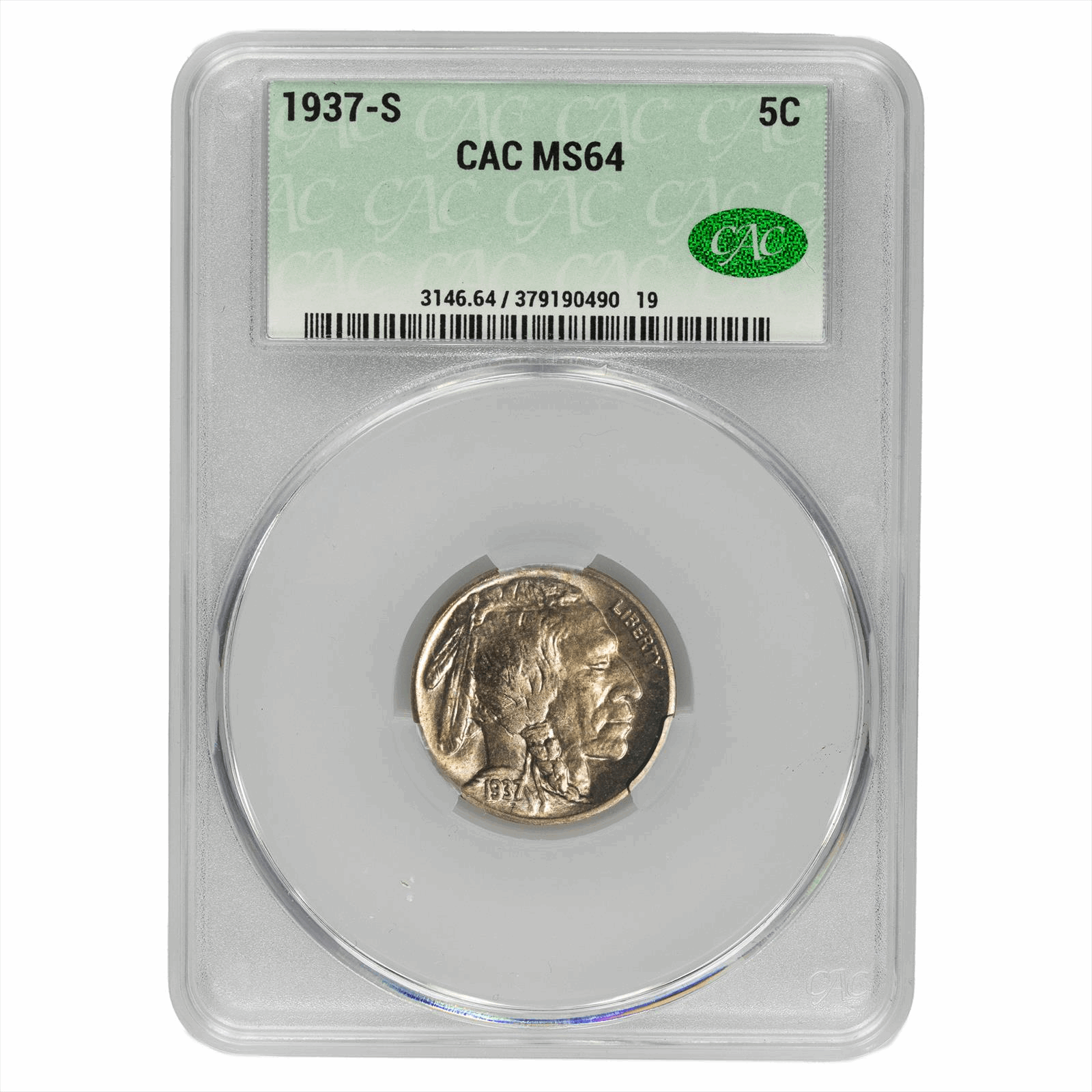 1937-S Buffalo Nickel 5C CACG  MS 64 CAC
