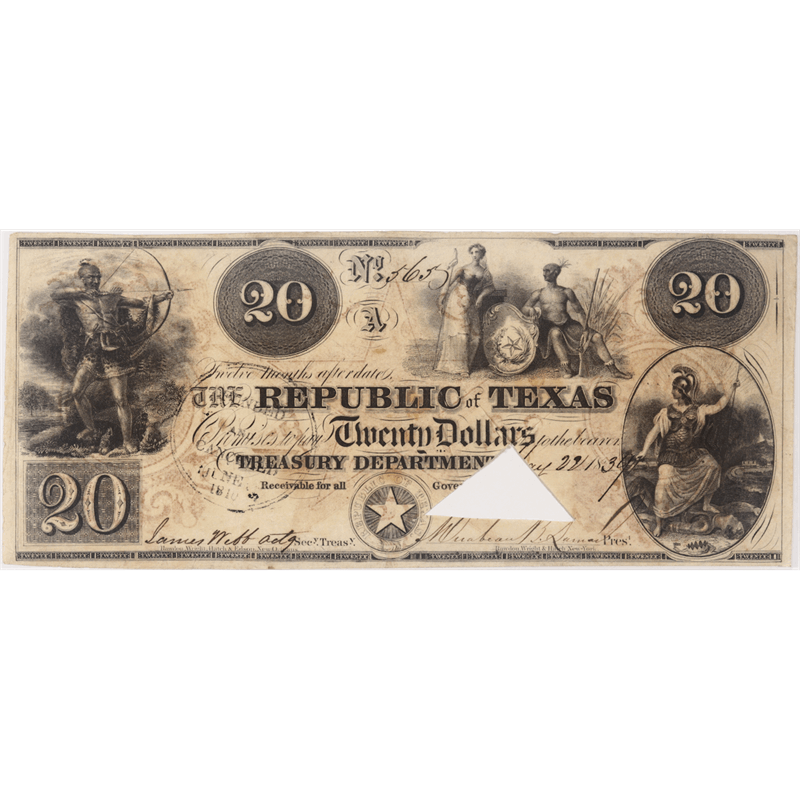 1839, Austin, Texas - Republic of Texas $20  Circulated Very Fine, Cr. A6, S/N 565